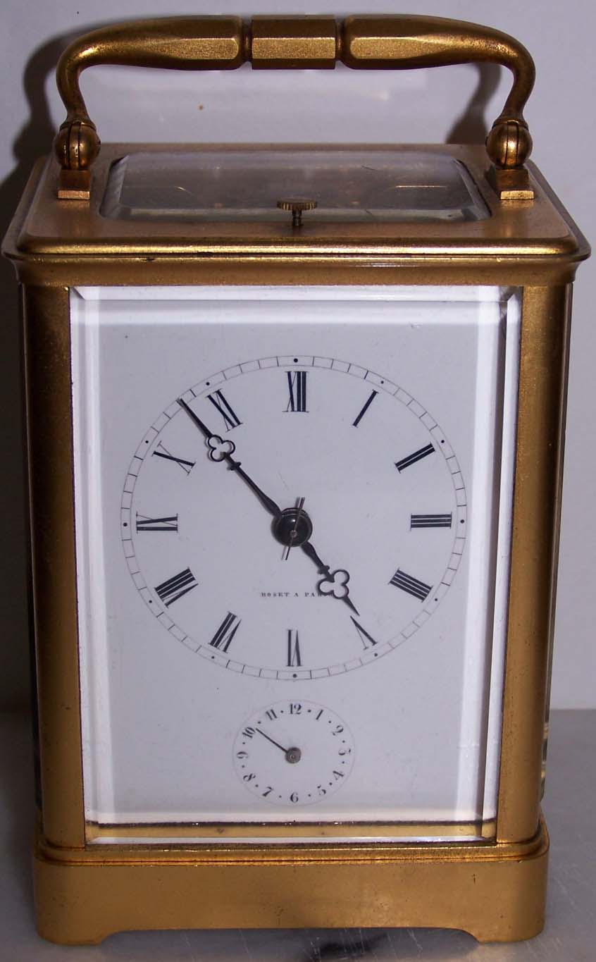 French Repeating Carriage Clock with Alarm in Gilt Case by Roset
